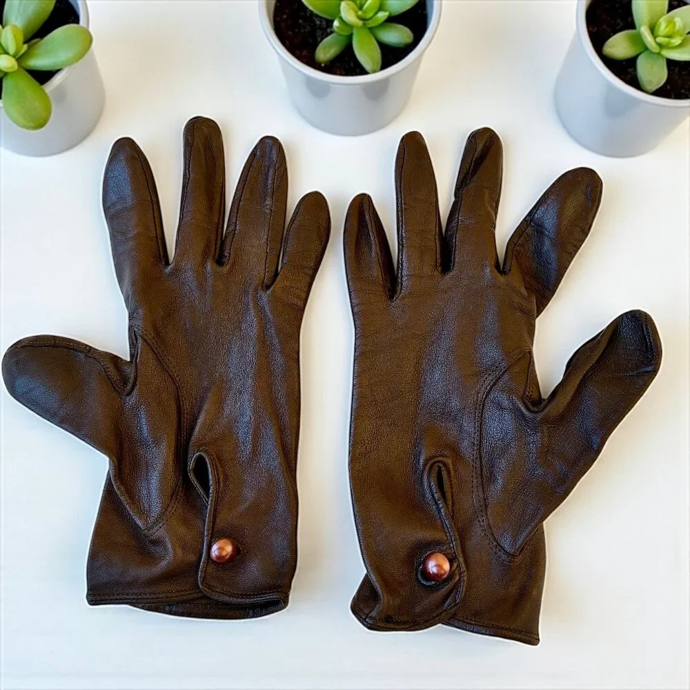 Vintage Brown Leather Gloves Unlined Button Wrist WASHABLE Womens 7.5